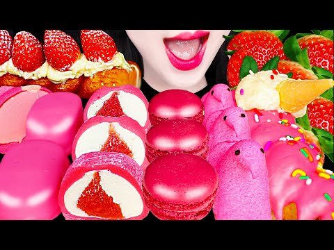 ASMR Pink Strawberry Dessert, Macaron, Marshmallows 핑크 딸기 디저트 먹방 Mukbang, Eating