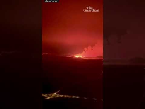 Eruption of Iceland volcano seen from plane window