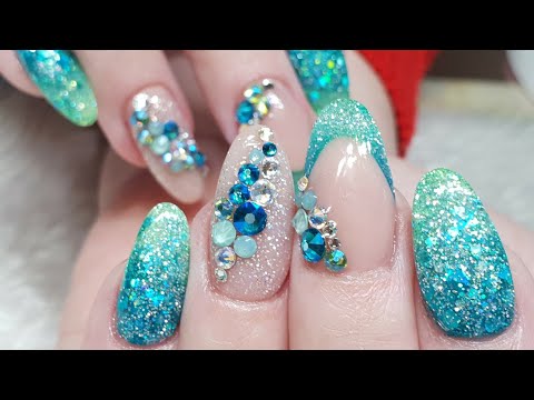 Mermaid Vibes Acrylic Nails - Glitter Embedding & Ombre - Swarovski Crystals