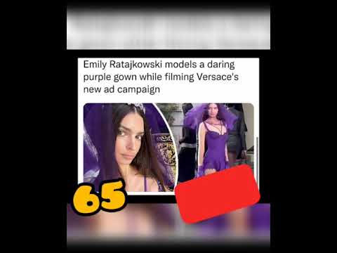 Emily Ratajkowski models a daring purple gown while filming Versace's new ad campaign