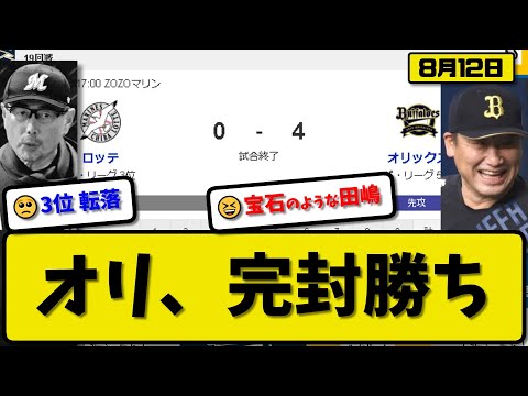 【2位vs5位】オリックスバファローズがロッテマリーンズに4-0で勝利…8月12日完封勝ちで自力CS消滅回避…先発田嶋6回無失点…西川&大里が活躍【最新・反応集・なんJ・2ch】プロ野球