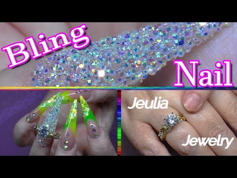 FULL Bling Nail With Green and Yellow Acrylic Manicure | Jeulia Jewelry | ABSOLUTE NAILS