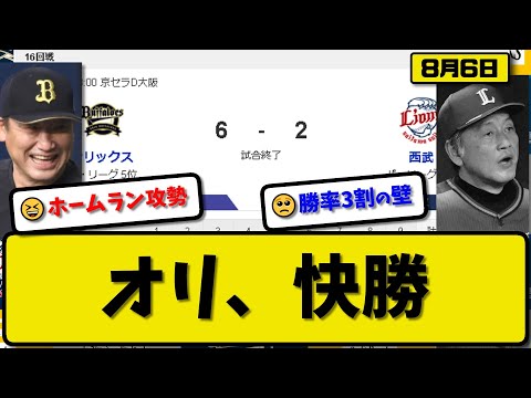 【5位vs6位】オリックスバファローズが西武ライオンズに6-2で勝利…8月6日ホームラン攻勢で快勝…先発エスピノーザ5回2失点…西川&大里&中川が活躍【最新・反応集・なんJ・2ch】プロ野球