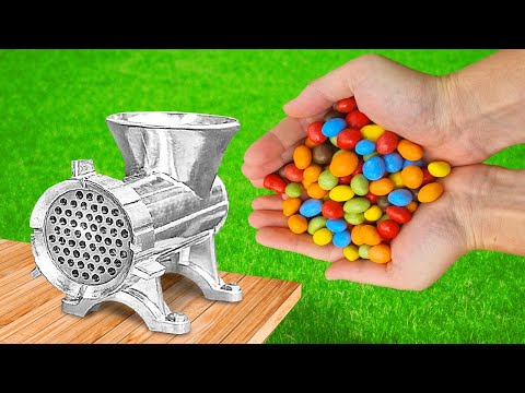 EXPERIMENT COLORFUL FRUITS vs MEAT GRINDER - ASMR SATYSFIYNG w/CANDY