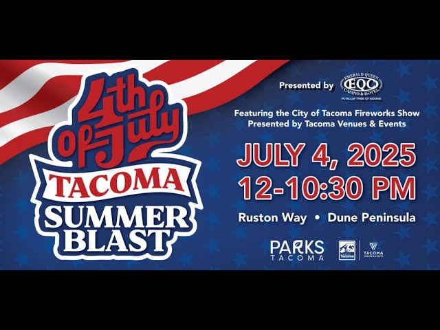 Tacoma’s 4th of July celebration is back! Head to the Ruston Way Waterfront where you’ll enjoy a full day of live music, food, entertainment, and craft vendors. The fun begins at noon and ends with spectacular fireworks over Puget Sound.

The celebration takes place at Dune Peninsula and Cummings Park on Ruston Way with over 150 vendors, 2 stages and a 20-minute firework display. The fireworks display can be seen from Dune Peninsula Park in the north, along Ruston Way Waterfront, and stretching to Jack Hyde Park in the south.