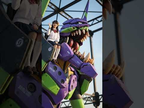 エヴァンゲリオンの方に座って夕陽を眺める女の子