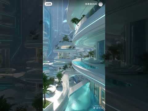 2049 Light blue water flows around the city, neon lights reflect the dream corridor