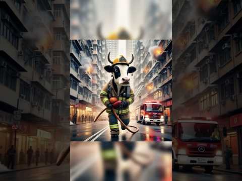A cow dressed as a firefighter, wearing a helmet and holding a hose #fireheroes#respect #trend