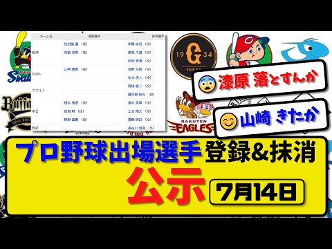 【公示】プロ野球 出場選手登録＆抹消 公示7月14日発表｜阪神伊藤&漆原&浜地 横浜吉野&松本 ヤク高橋&嘉弥真 中日涌井土生&斎藤 西武長谷川ら抹消|阪神加治屋岡留 横浜山崎 中日橋本岩嵜勝野ら登録