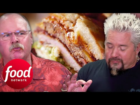 Guy And Coach Reid Eat A Humongous Pork Sandwich & A Short Rib Sandwich | Diners, Drive-Ins & Dives