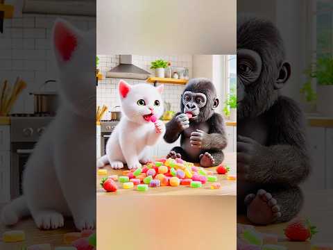 After the cat 🐱 and the gorilla 🦍 ate the colorful gummies #chewy #funny #cat #shorts #animals