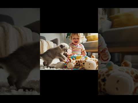 Funny Baby Kitten Playing with a Cute Baby