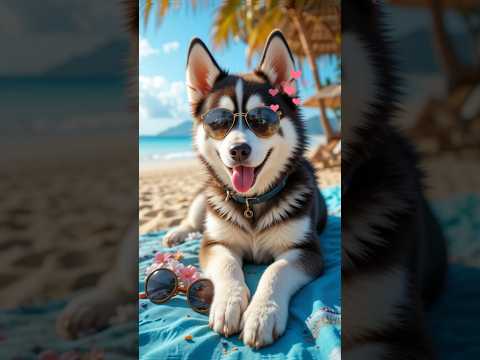 Baby husky is relaxing on the beach