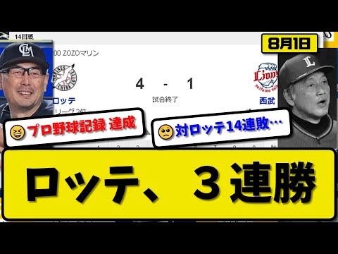 【2位vs6位】ロッテマリーンズが西武ライオンズに4-1で勝利…8月1日3連勝で対西武14連勝プロ野球新記録…先発佐々木5回1失点6勝目…角中&石川&藤原が活躍【最新・反応集・なんJ・2ch】プロ野球