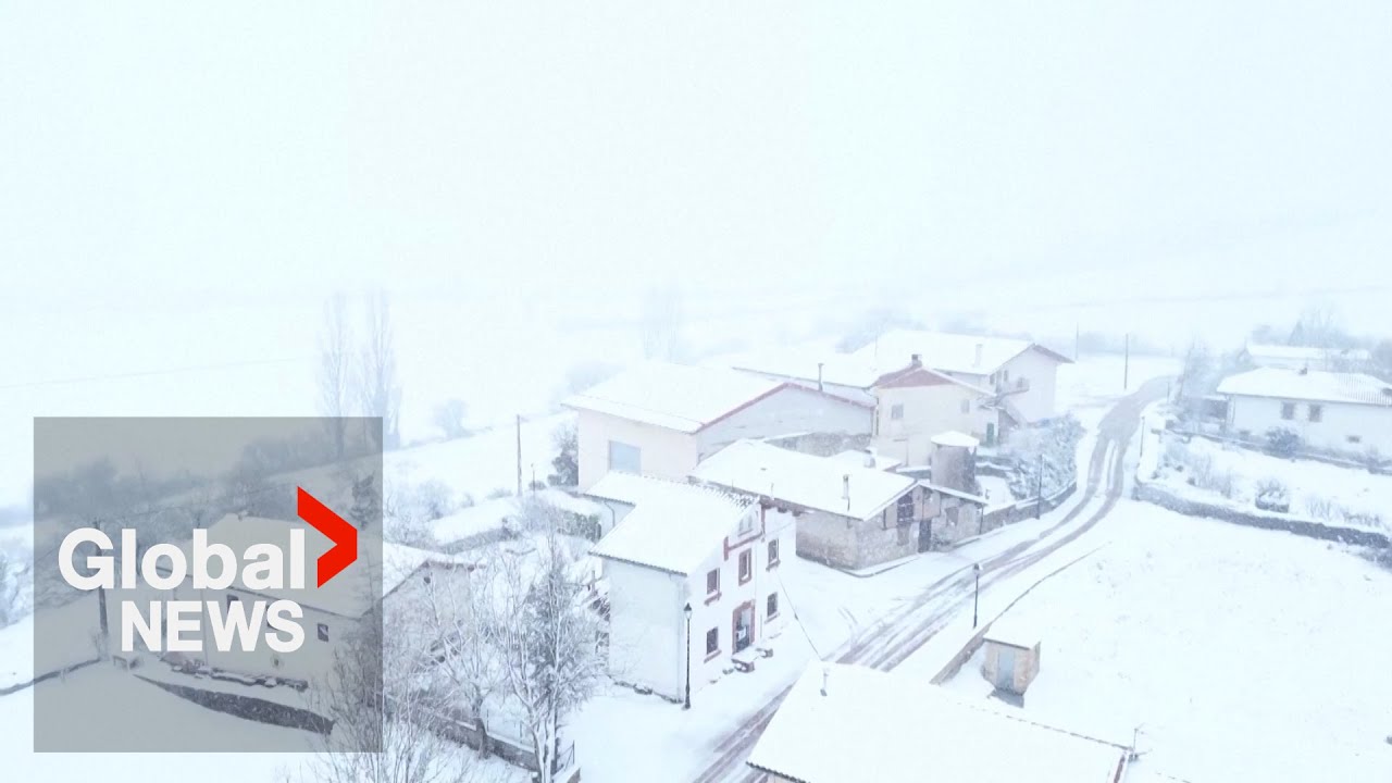 Drone footage shows heavy snowfall in northern Spain