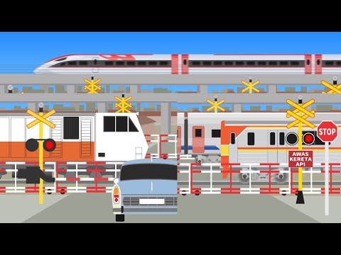 【踏切アニメ】インドネシアの電車とふみきりカンカン😂😂😂trains and railroad crossing、kereta api