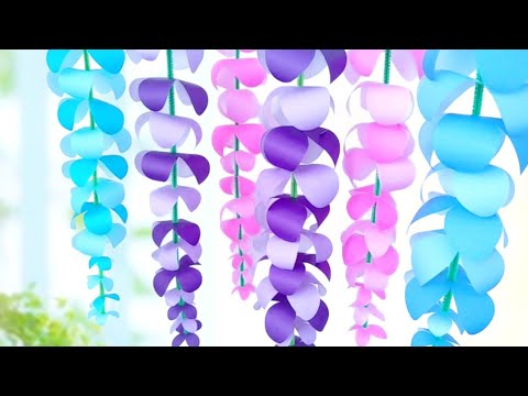 【簡単✨折り紙】室内で藤棚を楽しめる✨空一面に藤の花【切って通すだけ！】５月の立体壁面飾り・吊るし飾りの作り方・全部100均✨Paper Wisteria flowers