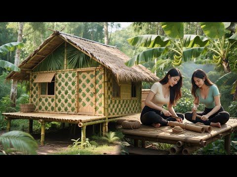 Strong women build their own bamboo house from scratch in the forest - life off the grid