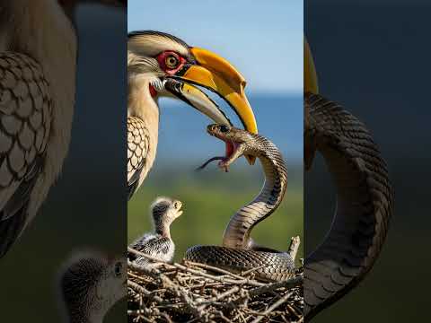 코브라의 독니 vs 코뿔새의 부리! 둥지를 지키기 위한 최후의 전투! #motherhood #birds #wildlife #nature #animals