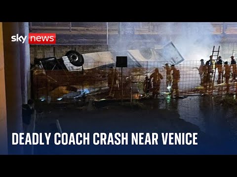At least 21 people dead after coach falls off overpass near Venice