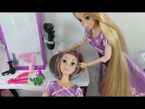 Disney Princess Rapunzel Hair DIY Haircut at BARBIE STYLE SALON Toy doll Beauty Salon