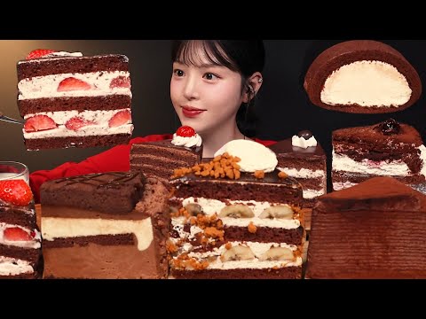 SUB)초코케이크 특집!🍫🍰 딸기초코 크레이프 로투스바나나 초코크림 롤케이크까지 디저트 리얼사운드 Chocolate Cake Dessert Mukbang Asmr