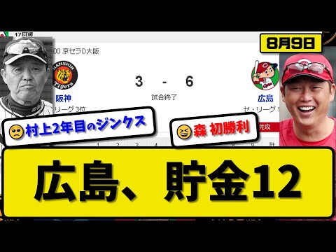 【1位vs3位】広島カープが阪神タイガースに6-3で勝利…8月9日連敗回避で首位キープ貯金12…先発森5回1失点初勝利…坂倉&秋山&末包&小園&野間が活躍【最新・反応集・なんJ・2ch】プロ野球