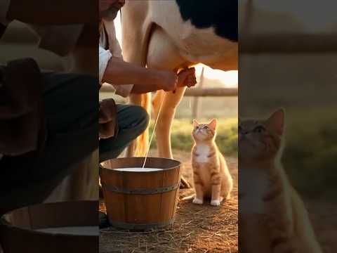POV: You’re a Kitten Watching a Cow Get Milked for the First Time 🐄👀 #cutepets #cat#goldenretreivers