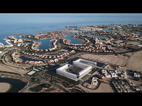 Drone footage showcases colonnaded Gouna Festival Plaza in Egypt