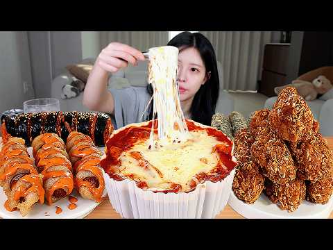 ASMR MUKBANG| 엽기 떡볶이 후라이드 <strong>치킨</strong> 핫도그 <strong>김밥</strong> 먹방 &amp; 레시피 FRIED CHICKEN AND Tteokbokki EATING