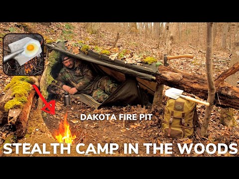 Solo Overnight Building a Stealth Camp in The Woods and Steak and Eggs Cooked on a Shovel