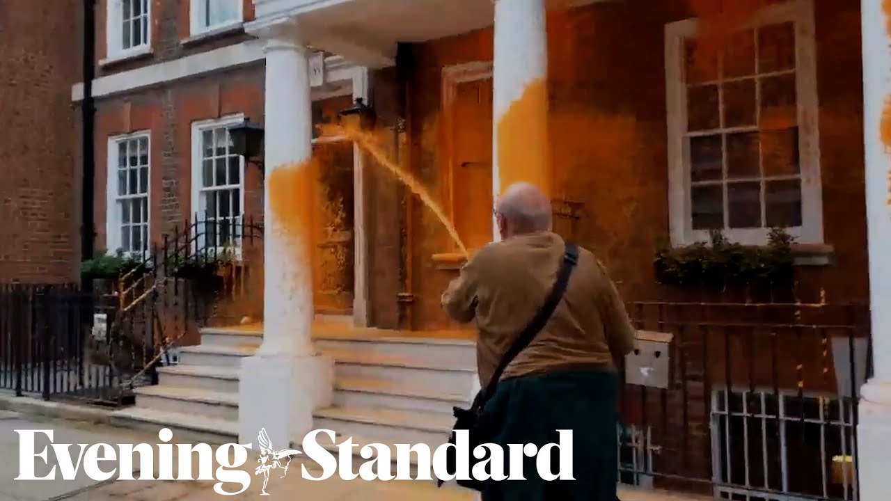 Just Stop Oil supporter sprays orange paint on Number 55 Tufton Street