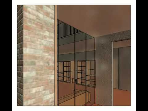 Vista animata del Piano Terra dell'edificio pubblico con Reception, Laboratori e vano scale esterno a disegnare la corte interna.