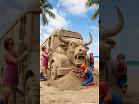 Spider-Man vs Ironman building a giant sand bus-bull #marveltoys#ironman  #spiderman #shorts