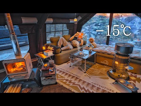 -15℃ Camping in Cold Winter with My Dog . Inflatable Hot Tent . Wood Stove ASMR