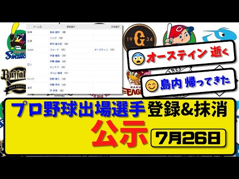 【公示】プロ野球 出場選手登録＆抹消 公示7月26日発表｜横浜オースティン抹消|阪神長坂 広島島内 横浜フォード 巨人伊藤&モンテス&オコエ 楽天伊藤&宋ら登録【最新・まとめ・反応集・なんJ・2ch】