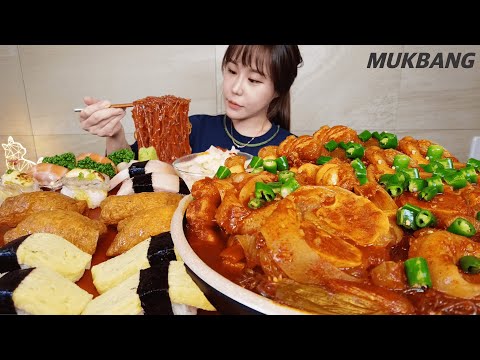 SUB) 땡초듬뿍🌶 탱글쫄깃 매운우족찜 4kg 당면 모듬초밥 먹방 Braised spicy Beef feet 4kg Hot noodles REAL SOUND ASMR MUKBANG