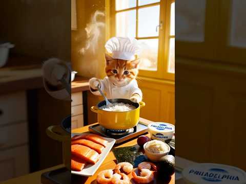 "Orange Cat Makes a Sushi Burger! 🍣🍔😻"