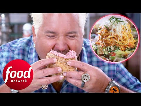 Guy Eats 2 Frankenstein Dishes: Pizza-Spaghetti And Doughnut-Croissant | Diners, Drive-Ins & Dives