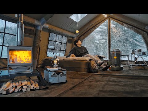 Camping in Snow with My Dog . 5-Star Hotel Air Tent . Wood Stove ASMR