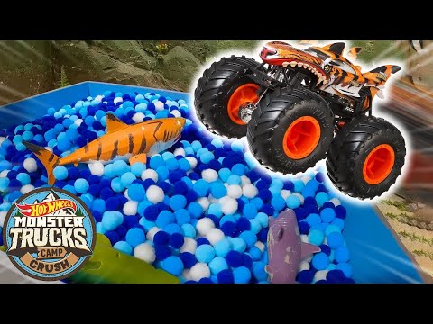 Hot Wheels Monster Trucks Compete in the Tiger Shark Tank Smash! 🦈 - Monster Truck Videos for Kids