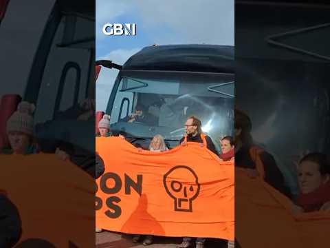 Just Stop Oil BLOCK Bibby Stockholm migrant coach #JustStopOil #BibbyStockholm #GBNews