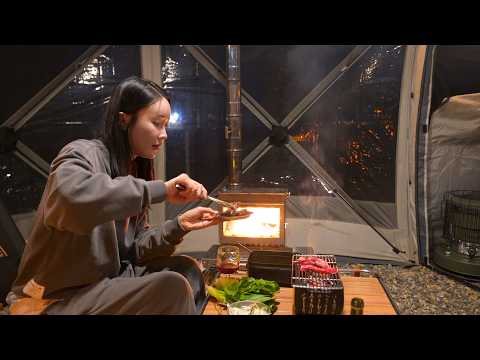 방1, 거실1 완벽한 차박 세팅ㅣ미니 화로에 참나무 숯으로 소갈빗살 구워 된장술밥이랑 먹으면? 진-짜 맛있음! 화목난로 장작타는 소리는 힐링 숯은 덤ㅣ피부시술 고백?과 추천템 공유