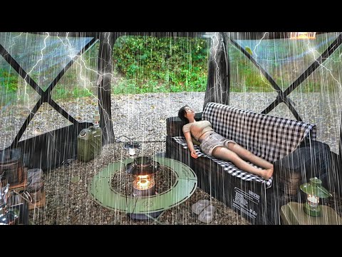 Heavy rain camping 🌧️ Deep forest with no one . Thunder and lightning⚡️ Rain sound ASMR .