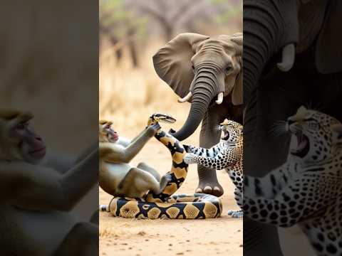 #wildlife #wildlifeentertainment Leopard, Monkey, Anaconda and Elephant #shortsfeed #shorts