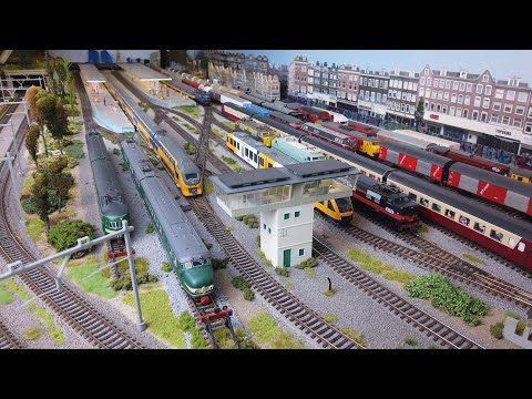 Bonte verzameling treinen in actie op de modelspoorbaan | A colourful collection of model trains