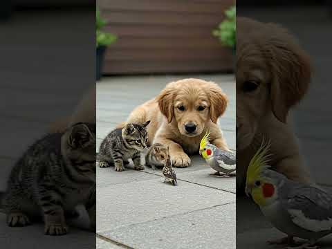 Curious eyes of pets meet small feathered friend 🐶🐦🐱