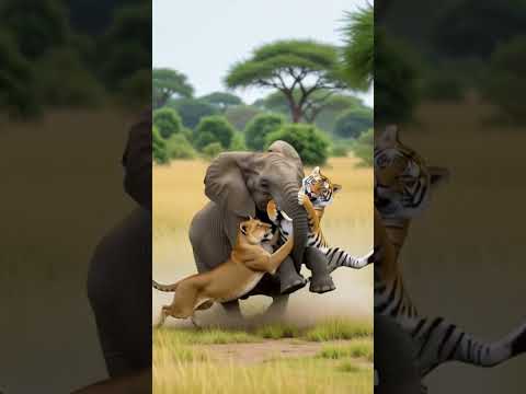 Elephant fun with Tiger and Lion #shortsfeed #shortvideo #shorts #wildlife