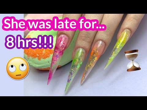 Story Time: Client was late for 8 HOURS! + Neon Glass Stiletto Nails