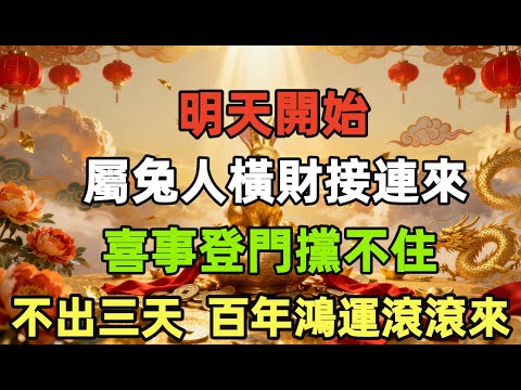明天開始，屬兔人橫財接連來，喜事登門攩不住，不出三天，財運翻轉，百年鴻運滾滾來！